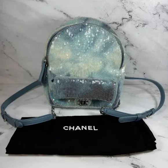 Chanel Sequin Mini Backpack Waterfall Blue Tri-color Bag Rare Light Limited Ed. - Picture 3 of 16